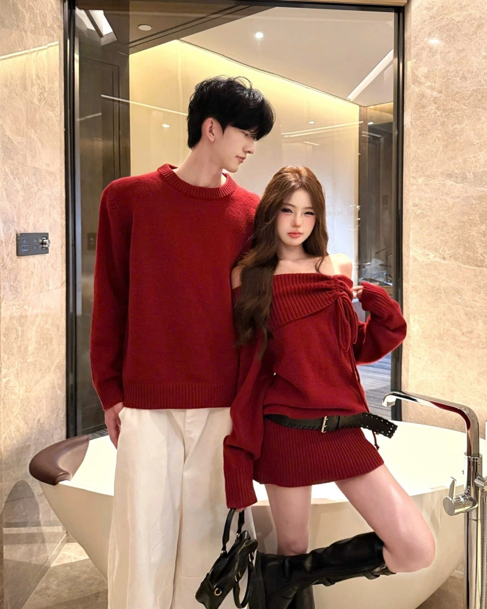 Set đồ đôi tết vải nhung tăm màu nâu tây sang trọng